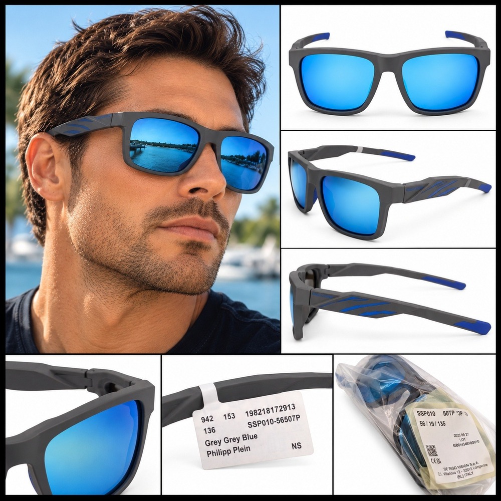 Philipp Plein SSP010 507P Square Sunglasses Grey Blue Mirrored Lens New